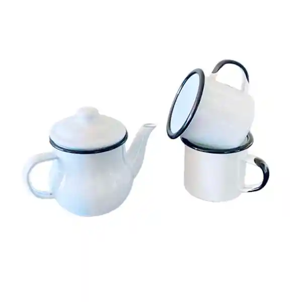 Set Tetera Té + 2 Tazas Enlozadas Blancas