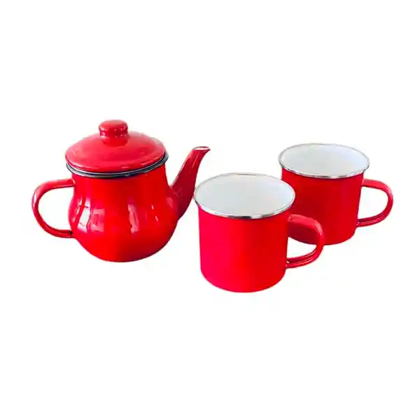 Set Tetera Roja + 2 Tazas Enlozadas