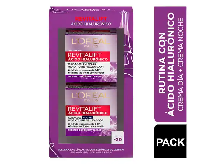 Set L'oréal Revitalift Ácido Hialurónico Crema Día 50 Ml + Noche 50 Ml