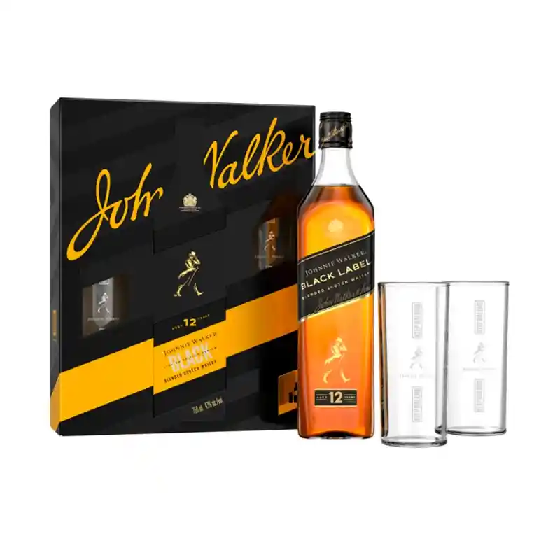 Pack De Regalo Whisky Johnnie Walker Black 750cc + 2 Vasos Vidrio