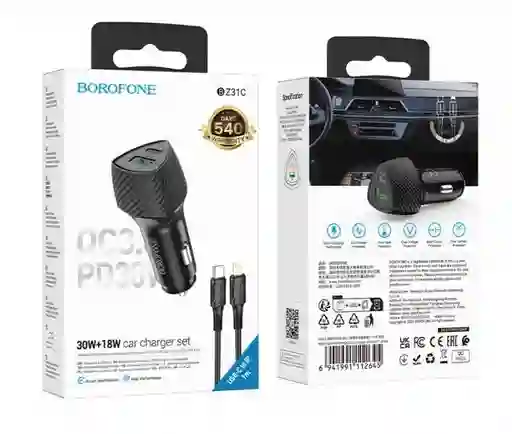 Cargador De Auto Carga Ultra Rapida Con Cable Tipo C 30watt Black