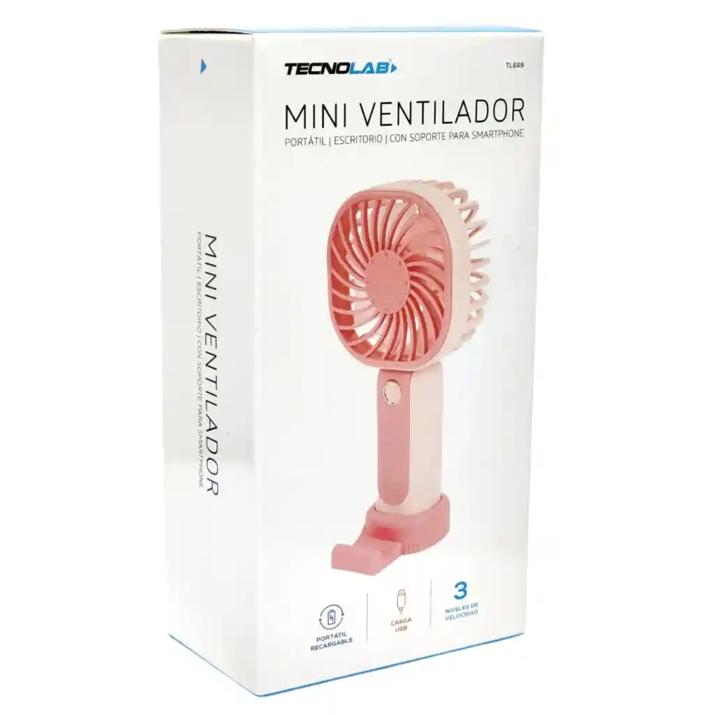 Mini Ventilador Recargable Portátil Rosa Tecnolab Tl669p