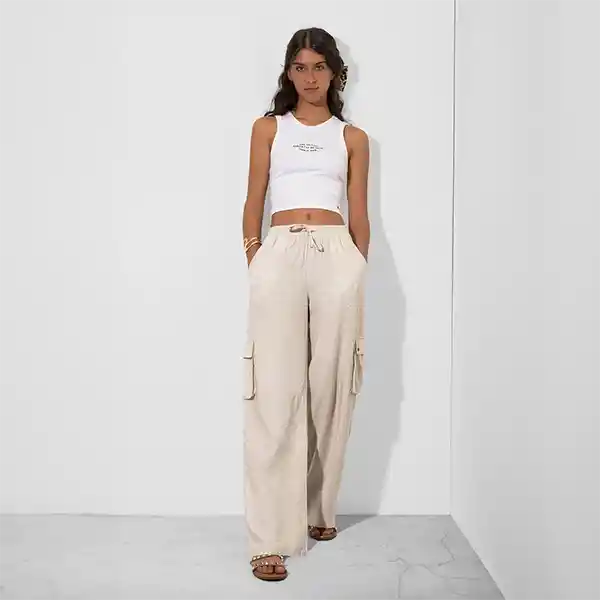 Pantalón Lino Cargo Ecru L Mujer Raindoor