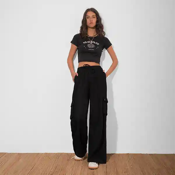 Pantalón Lino Cargo Negro L Mujer Raindoor