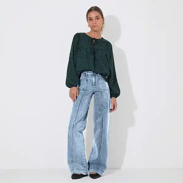 Pantalón Wide Leg Corte Frontal Azul 42 Mujer Raindoor