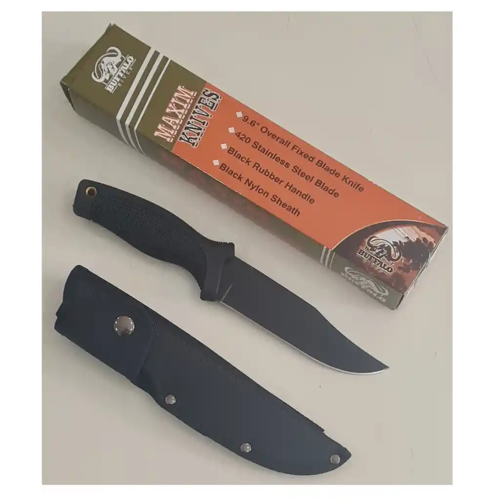 Cuchillo Buffalo River Bowie Black 27cms 190gr Goma Negra Con Funda