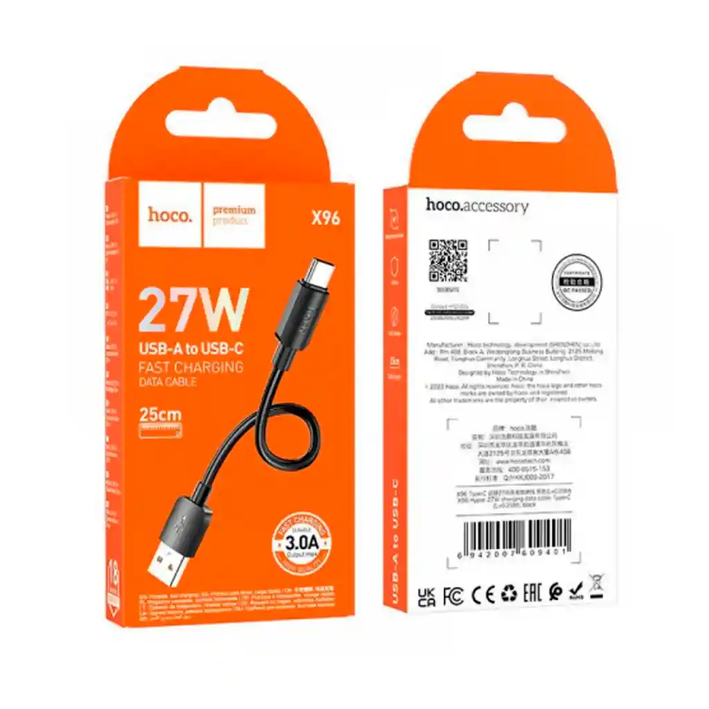 Cable Usb A Tipo C 27w Carga Rápida 2.4a - Hoco X96 25cm Negro