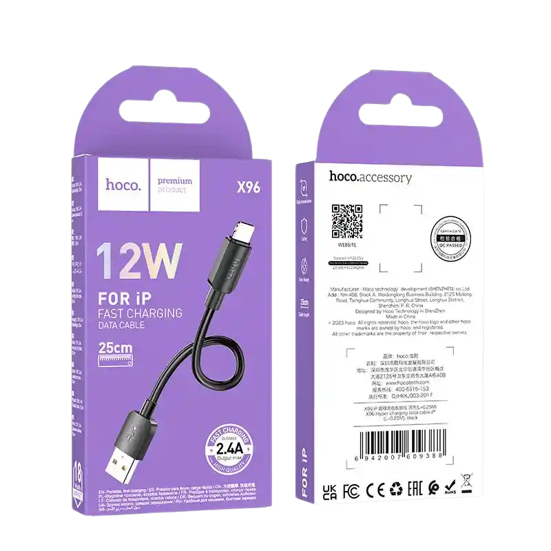 Cable Usb A Lightning Para Iphone 12w 25cm - Hoco X96 Negro