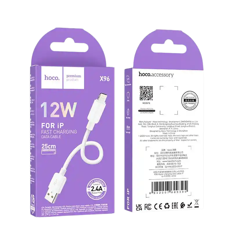 Cable Usb A Lightning Para Iphone 12w 25cm - Hoco X96 Blanco