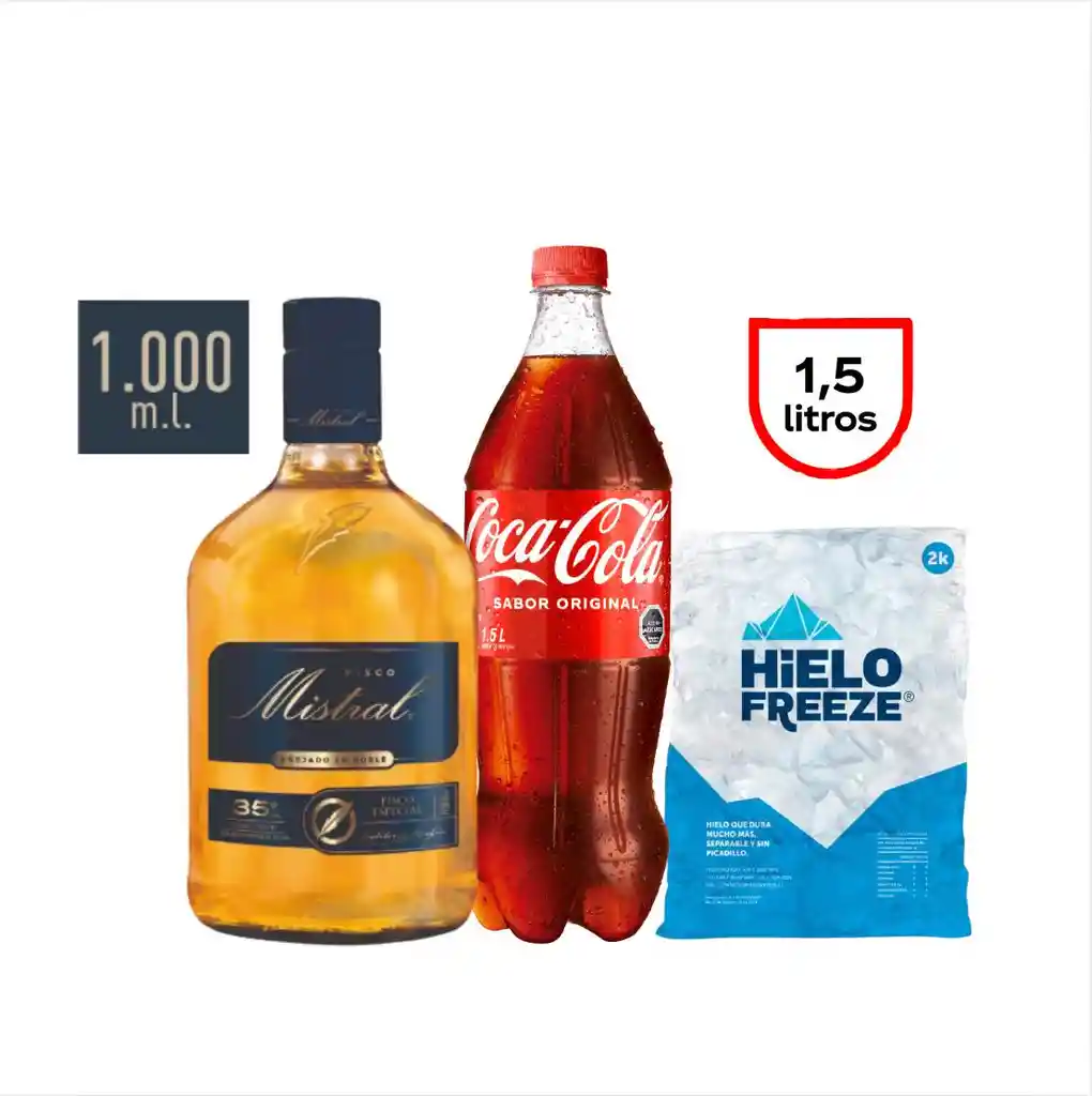 Promo Pisco Mistral 1 Lt + Coca Orig 1.5 L + Hielo 2k