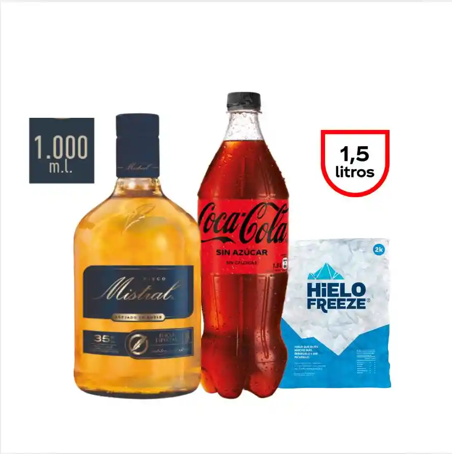 Promo Pisco Mistral 1 Lt + Coca Zero 1.5 L + Hielo 2k