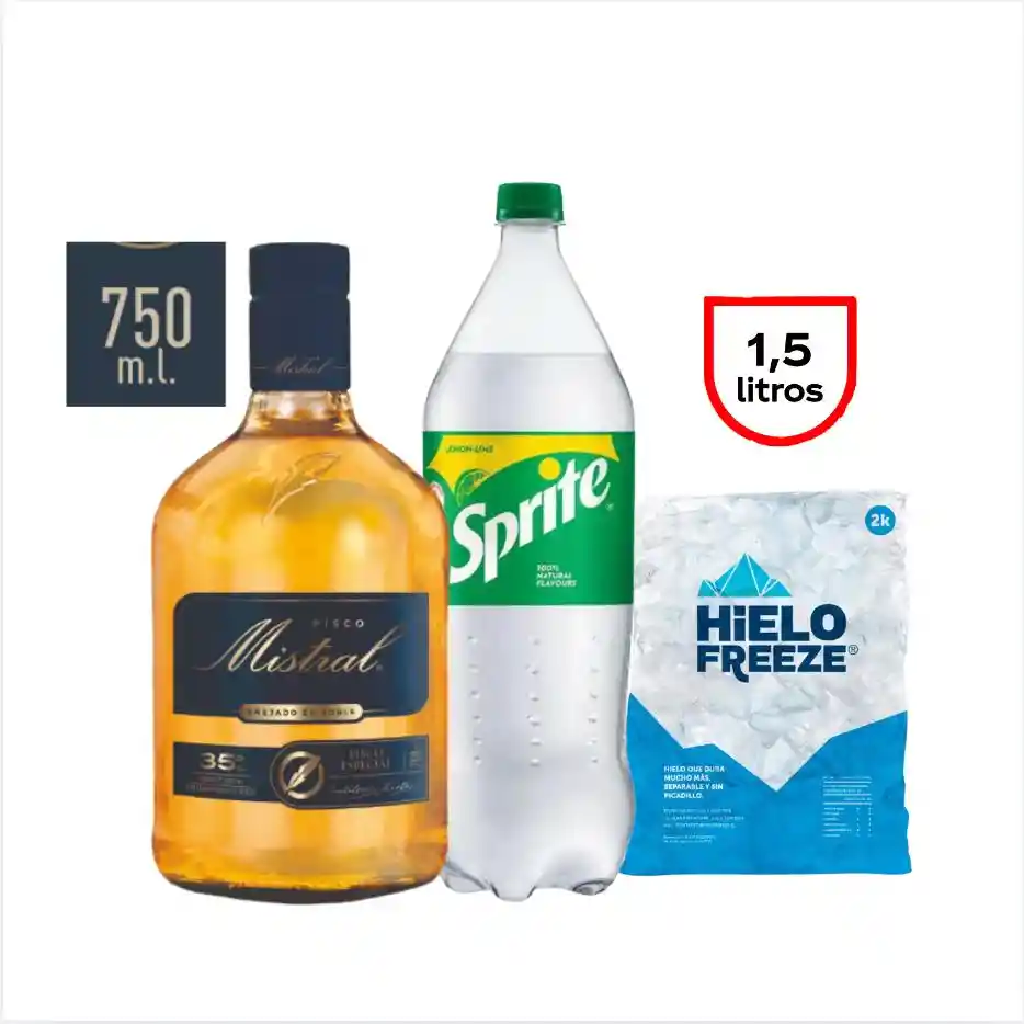 Promo Pisco Mistral 750cc + Sprite Orig 1.5 L + Hielo 2k