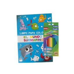 Libro Para Pintar Animales Del Mar + Caja De Lápices 12 Colores