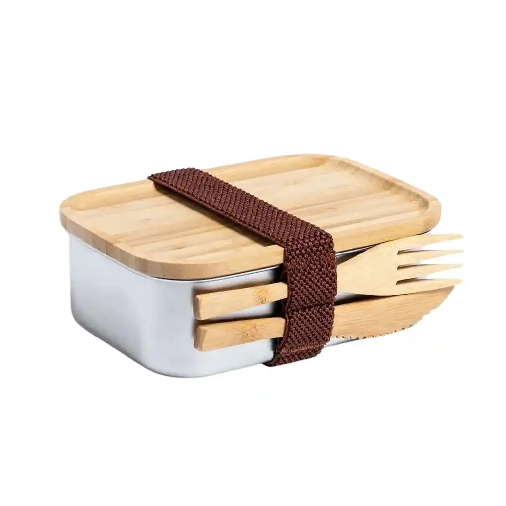 Contenedor Tupper Hermético Acero Cubiertos Bambú Sariul 600 Ml