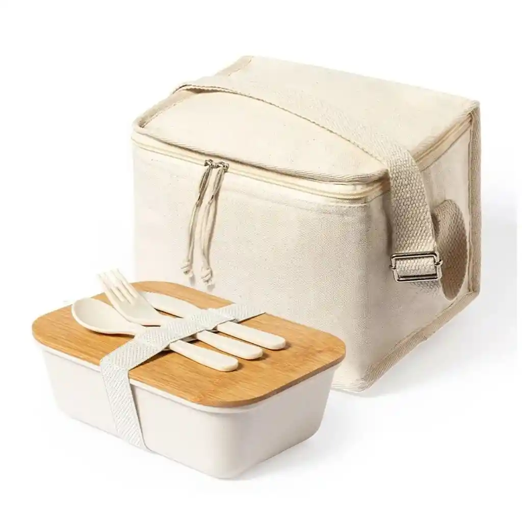 Set Bolso Cooler Tupper Hermético Cubiertos Pp Bambú Parum 1000 Ml