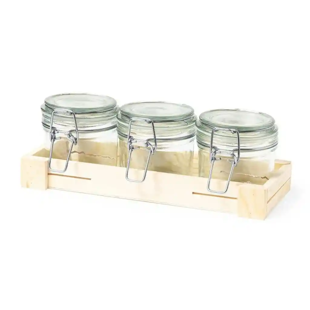 Set 3 Frascos Contenedores Vidrio Base Madera Gab 230 Ml