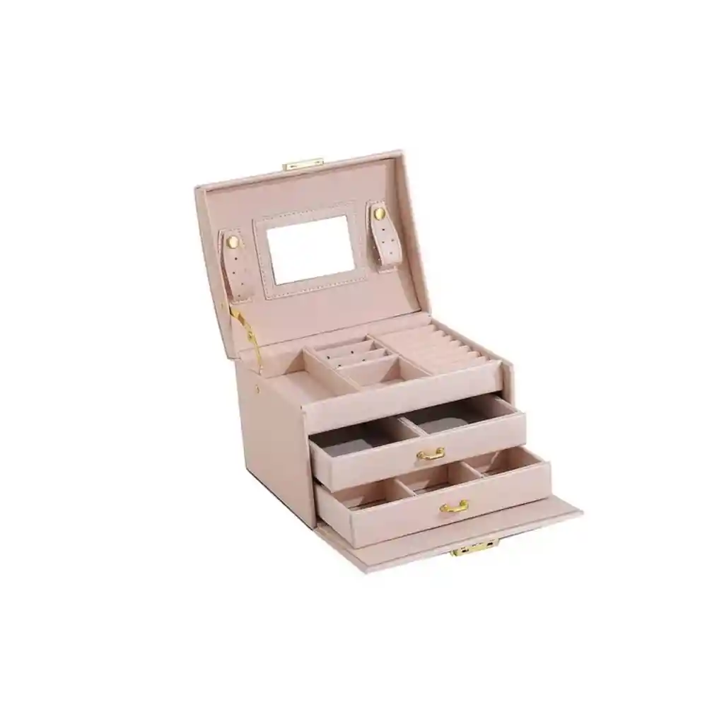 Joyero 3 Niveles Doble Cajón Eco Cuero Rosado