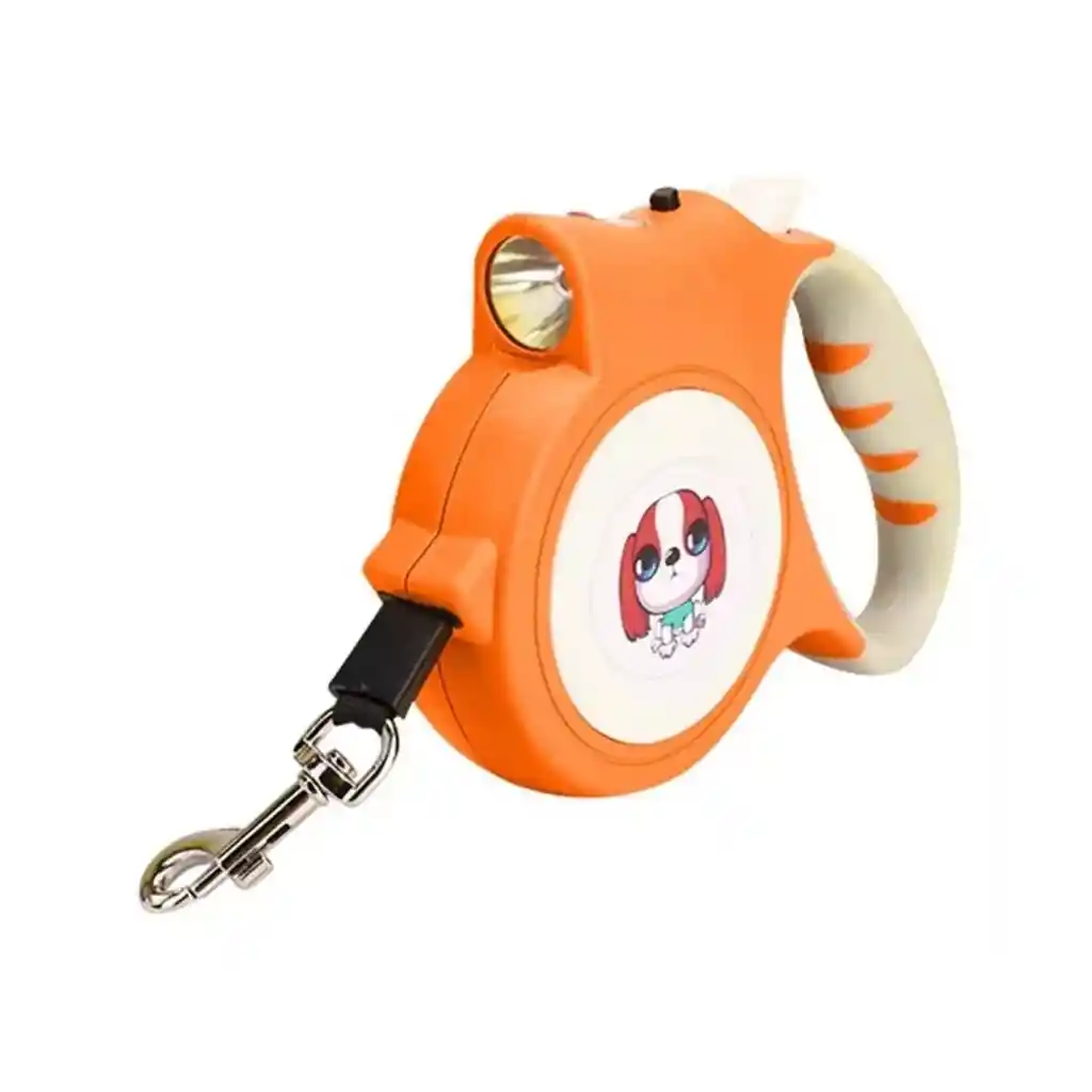 Correa Mascota Perro Retráctil Automática 5 M Linterna Led Naranjo