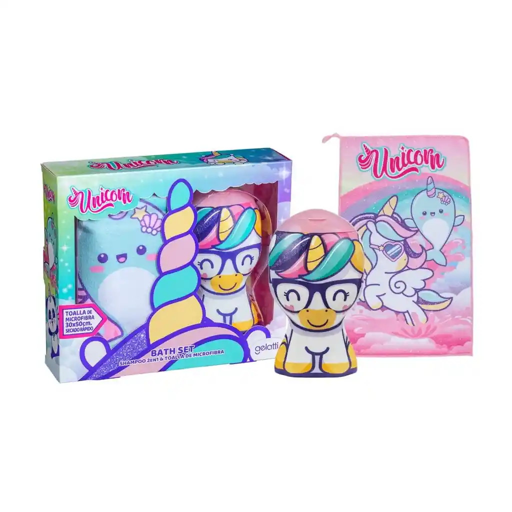 Set De Baño Niña: Shampoo Y Toalla Microfibra Unicornio