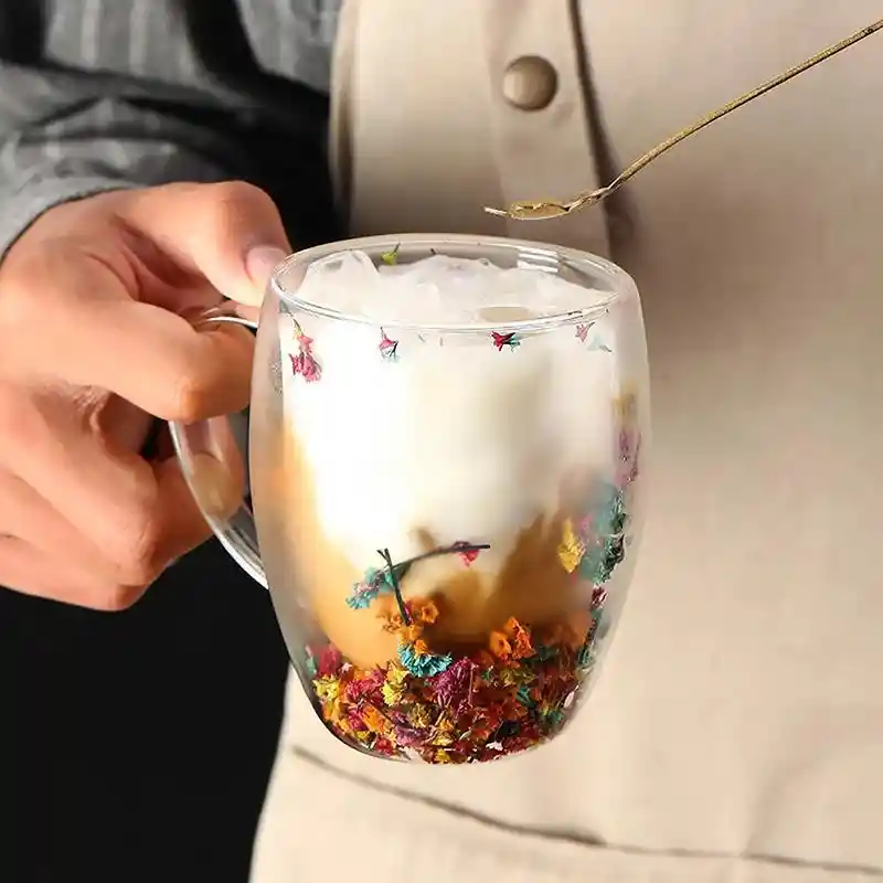 Taza / Vaso De Té Con Flores Secas Doble Pared Para Regalo
