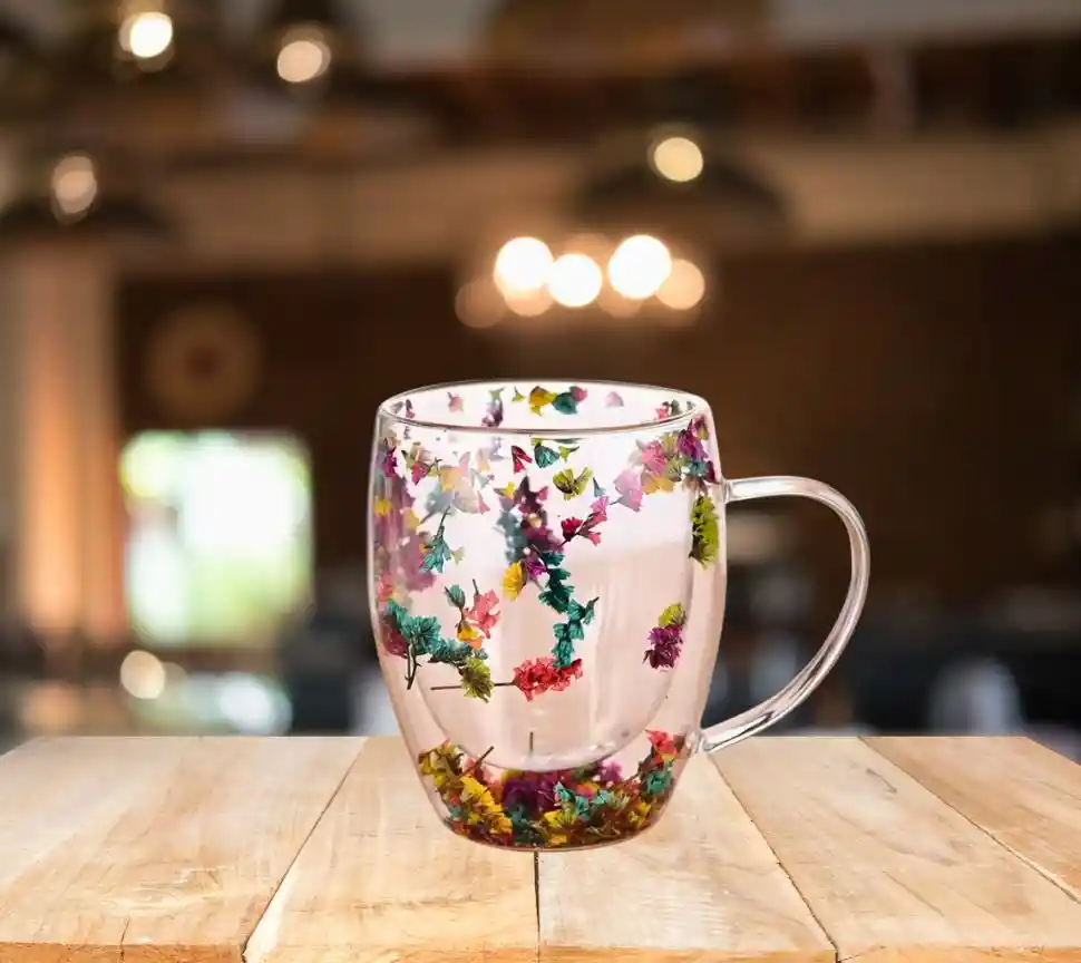 Taza / Vaso De Té Con Flores Secas Doble Pared Para Regalo