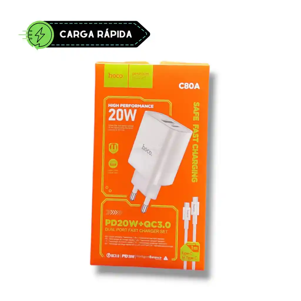 Cargador Con Cable Tipo C A C Dual Pd 20w + Usb Qc3.0 - Hoco C80a 3a