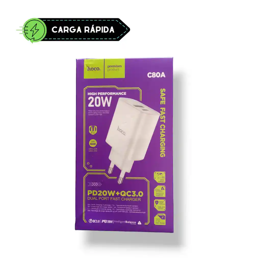 Cargador Dual Tipo C Pd 20w + Usb Qc3.0 Sin Cable - Hoco C80a 3a