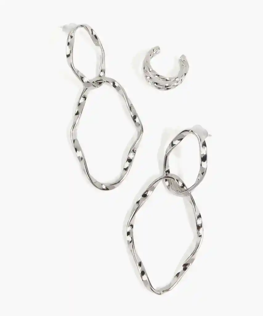 Set Aros Mujer Irregulares Cuff Plateado