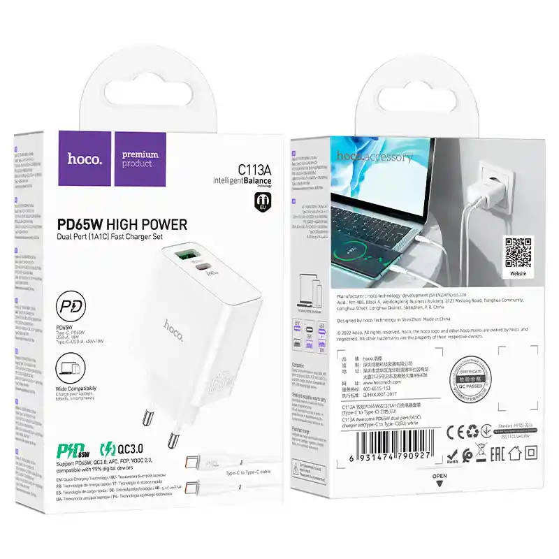 Cargador Con Cable Tipo C A C Dual Pd 65w C + Usb Qc3.0 - Hoco C113a