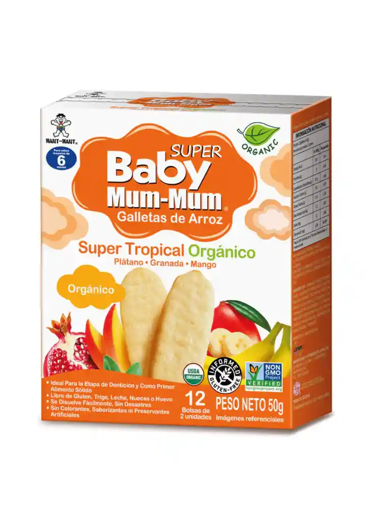Galleta De Arroz Super Tropical Organico 50g Platano Granada Mango Baby Mum