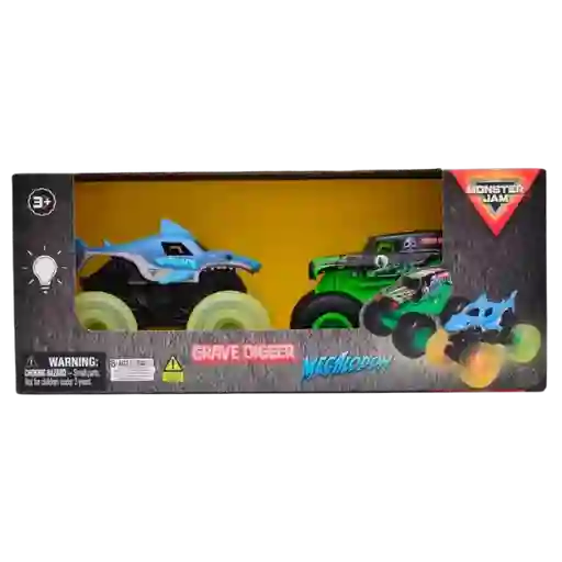 Monster Jam Vehículo Con Luz 1:43 Pack 2ú. Grave Digger/megalodon
