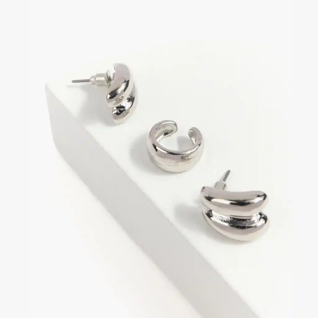 Set Aros Mujer Con Cuff Plateado