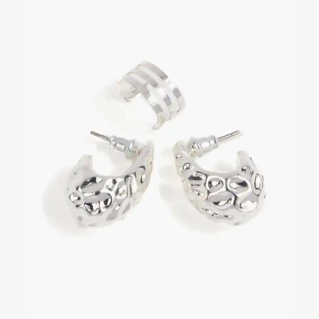 Set Aros Mujer Textura Cuff Plateado