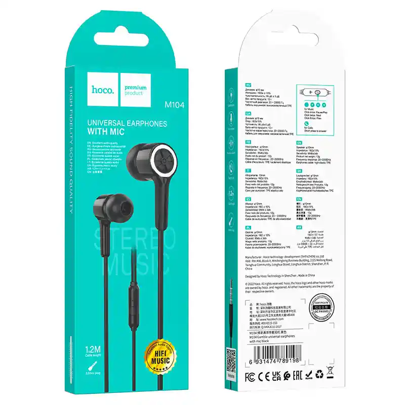 Audifonos In Ear Con Cable Jack 3.5mm - Hoco M104 Negro