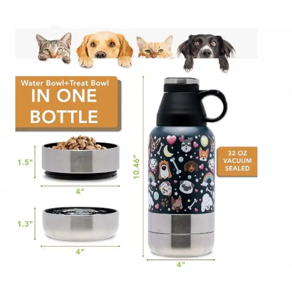 Wonder Dog - Botella De Agua Multifuncional (3 En 1) Para Perros En Acero Inoxidable 950 Ml.