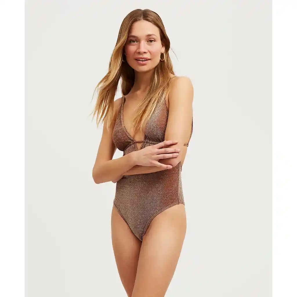 Traje De Baño Mujer Escotado Lurex Xs Café