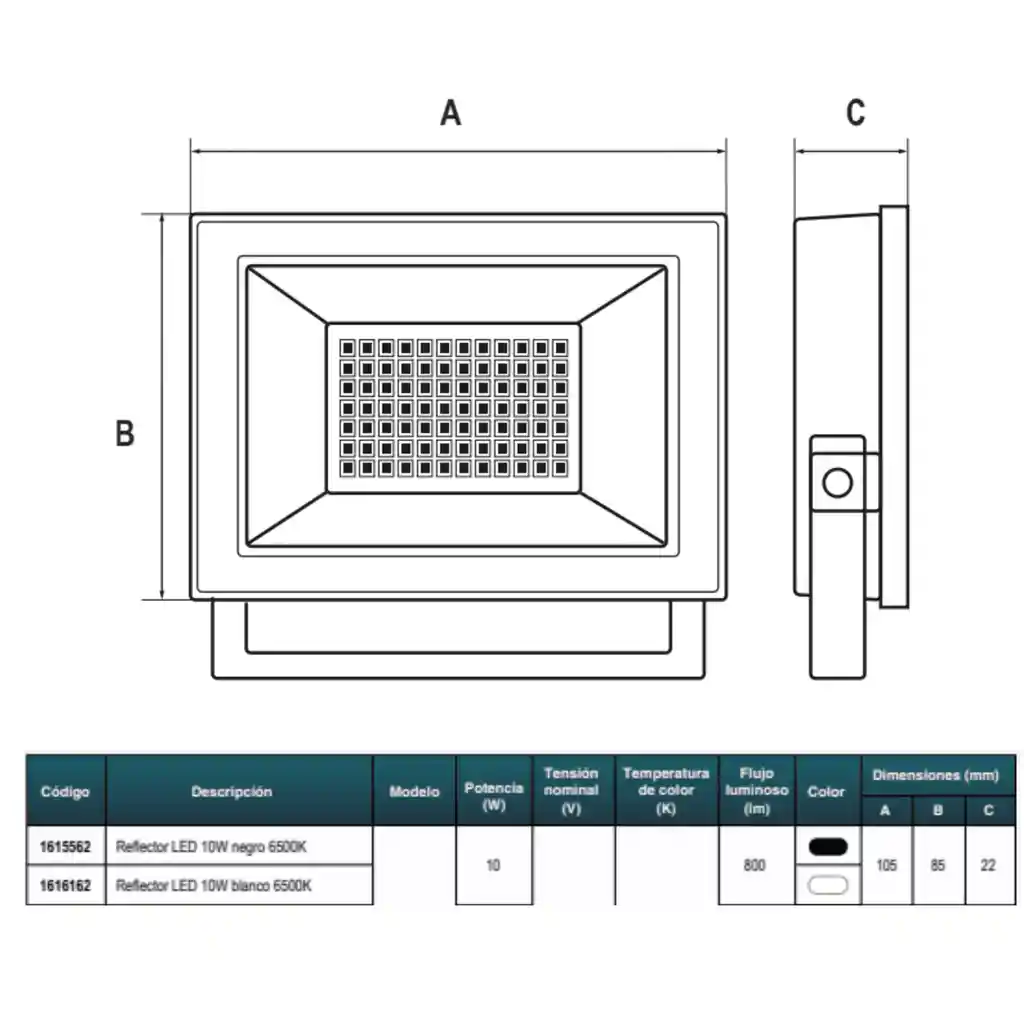 Reflector Led 10w Negro 6500k Ip65 - Vkb