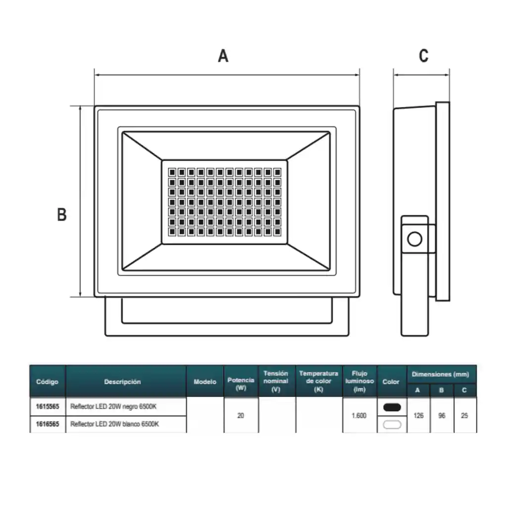 Reflector Led 20w Negro 6500k Ip65