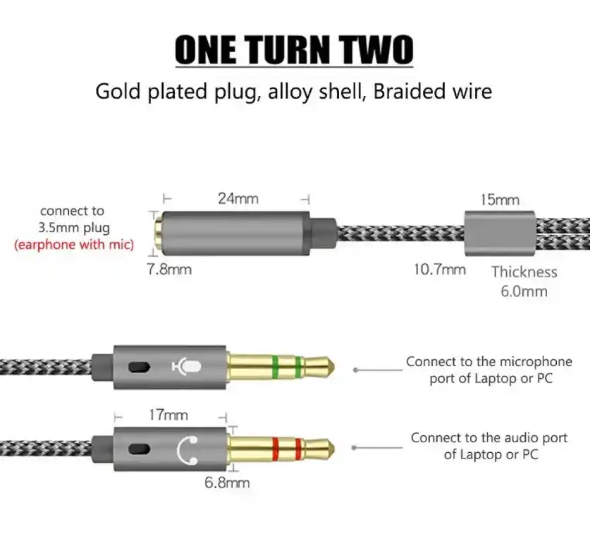 Adaptador Audio Micrófono 2 Aux Macho A 1 Aux Hembra 3.5mm
