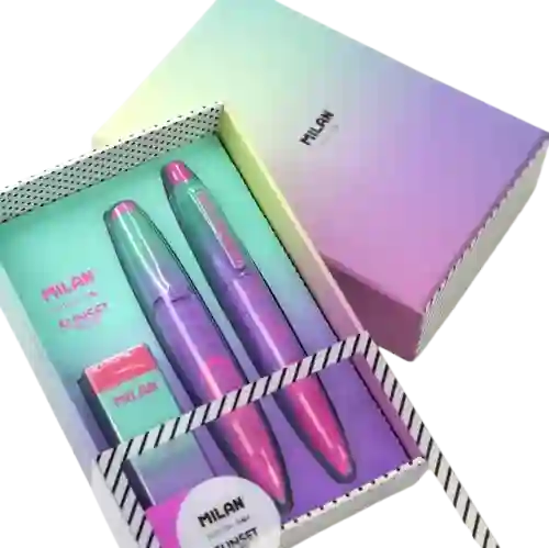 Edition Box Serie Sunset Color Rosa, Turquesa Y Lila Milán : 1 Bolígrafo Tinta Azul Compact, 1 Portaminas 0,7 Mm Compact Y 1 Goma De Borrar Nata® 320.