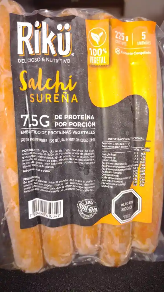 Salchichas Sureña Veganas 225 G 5 Unidades Marca Riku