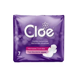 Cloe Toallitas Higiénicas Nocturnas Ultrafina Tela Suave Flujo Abundante Con Alas X 7 Unidades