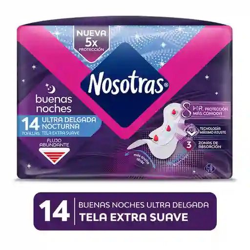 Nosotras Toalla Higiénica Buenas Noches Ultradelgada Tela Extra Suave 14 Unidades
