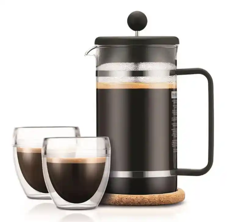 Pack Cafetera Prensa Francesa Bodum 1 Lts Y 2 Vasos De Borosilicato De Doble Pared 250 Ml