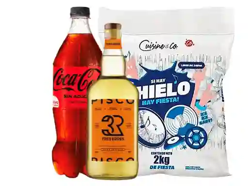 Promo Pisco Tres Erre 750ml, Coca Zero 1.5lt Y Hielo