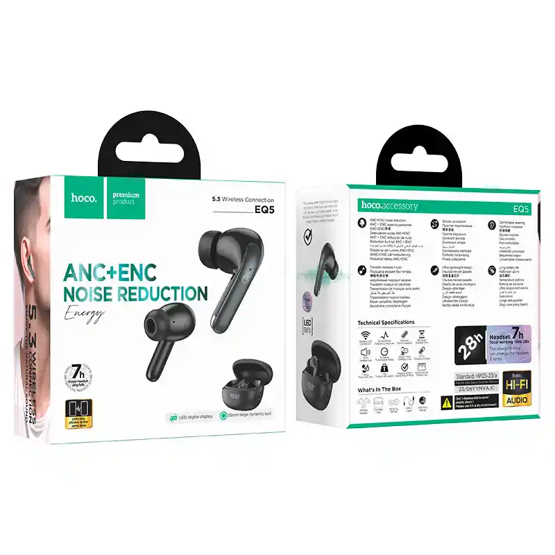 Audifonos Inalambricos Bt Hoco Eq5 Anc+enc Cancelación De Ruido Activa Negro