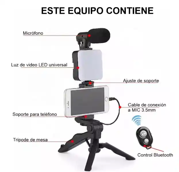 	 Kit De Grabacion Estabilizador Luz Led Y Micrófono Youtube