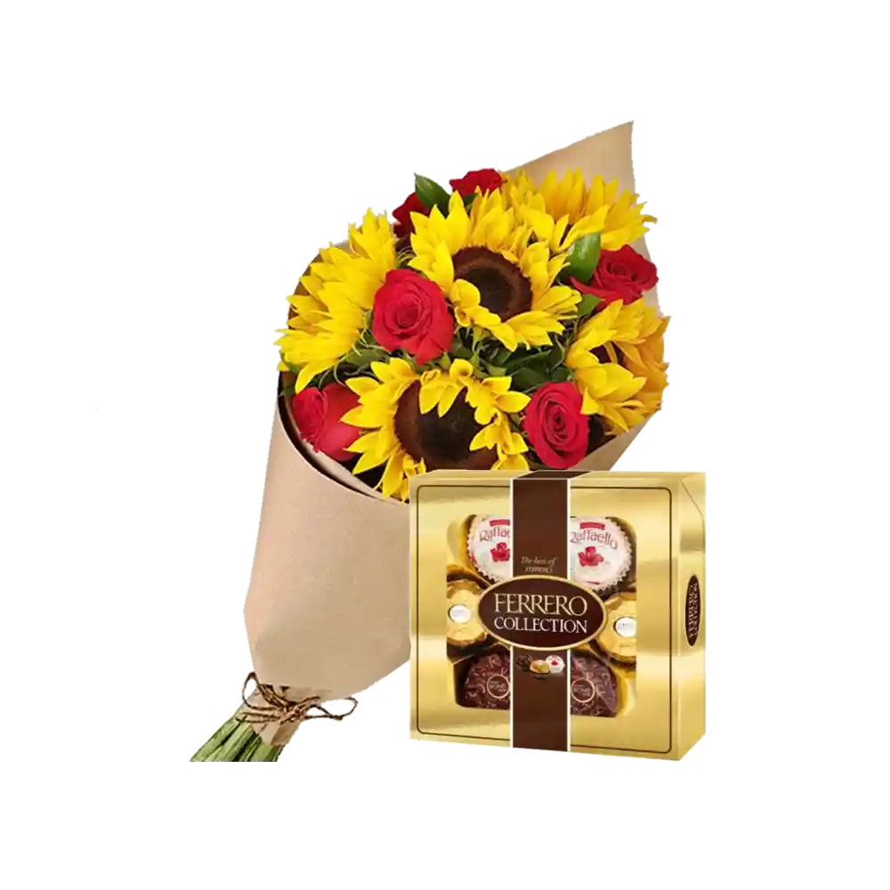 Ramo Con 6 Rosas Rojas, 6 Girasoles Y Ferrero Rocher Collection 77grs