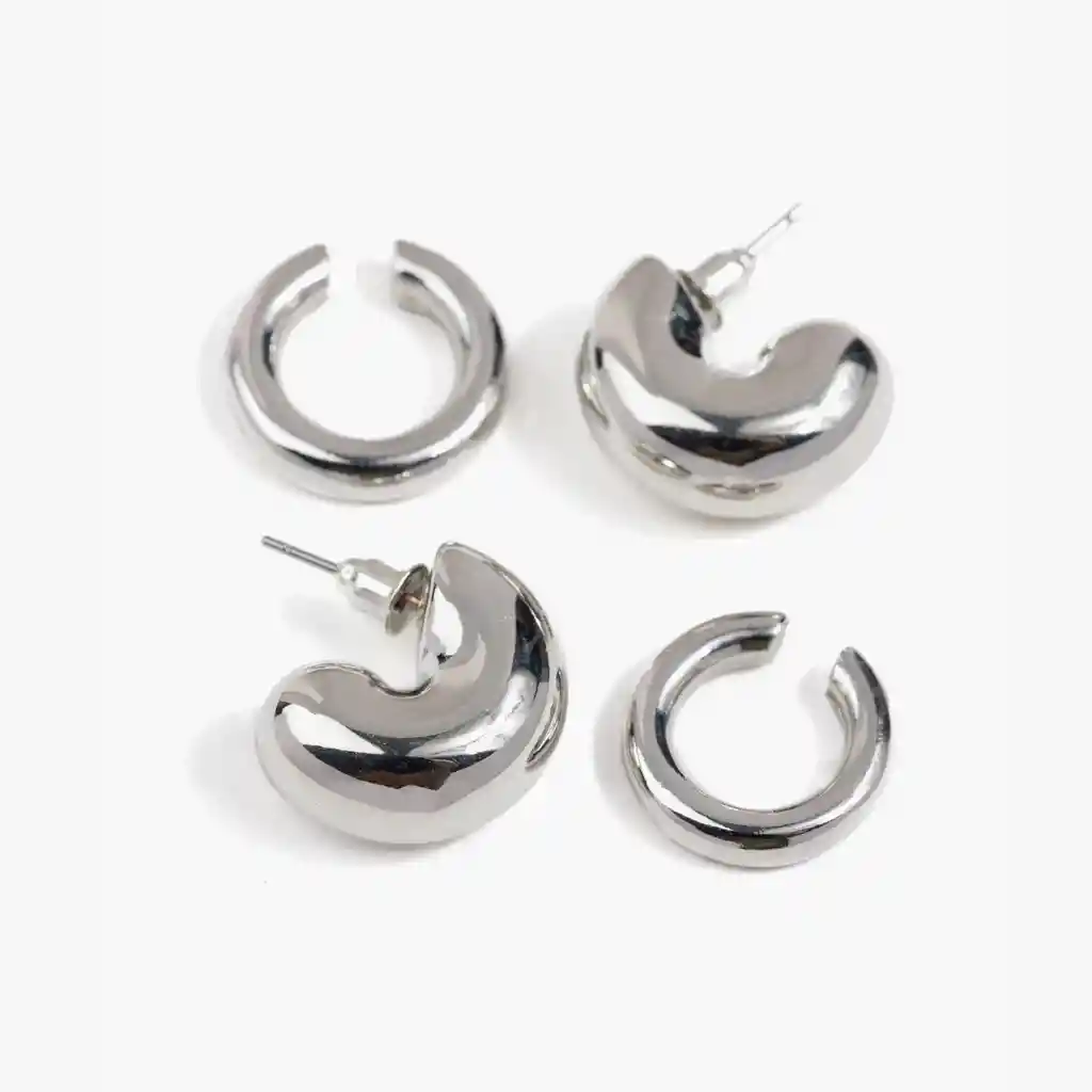 Set Aros Mujer Argollas Gruesas Y Cuff Plateado