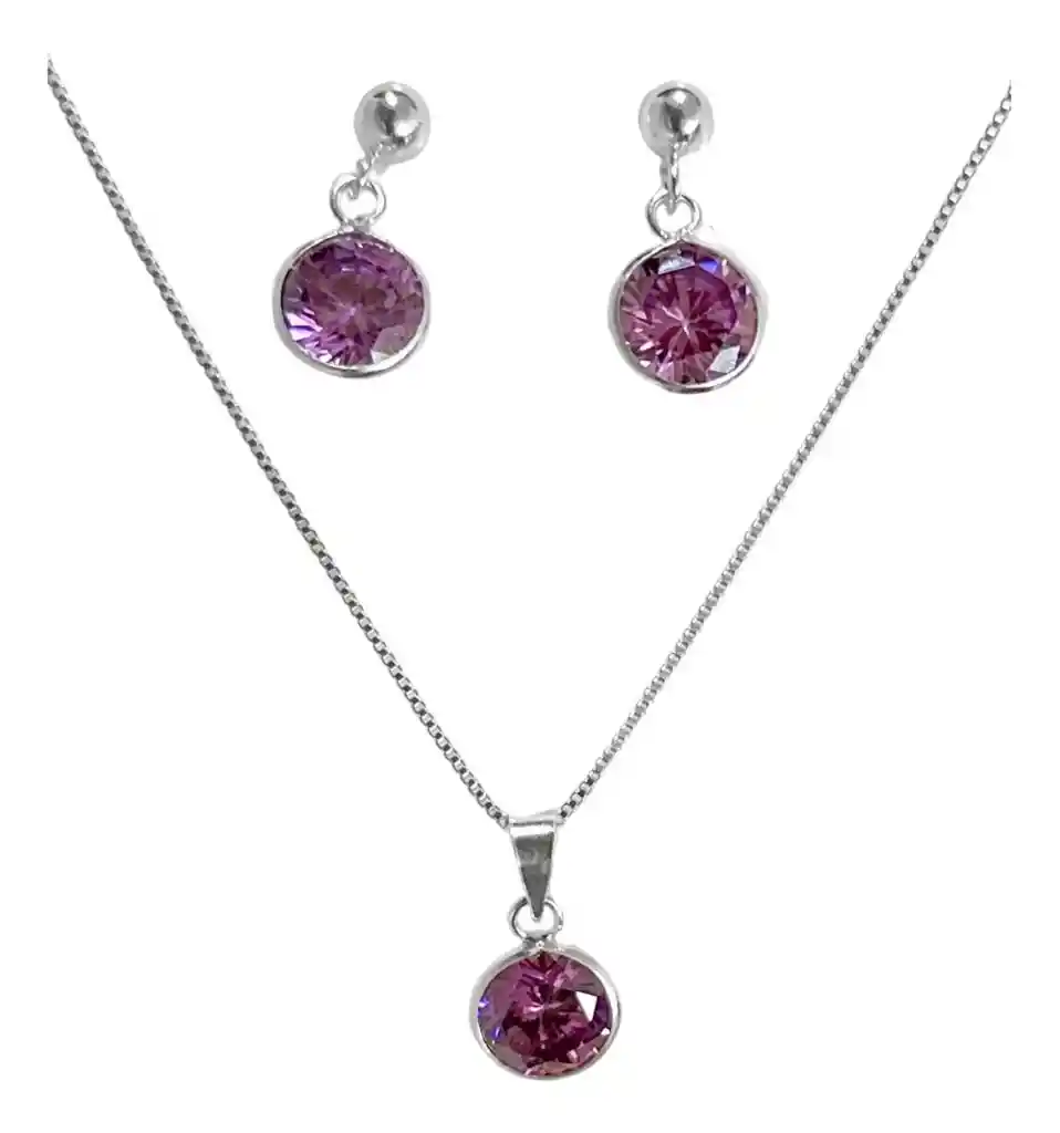 Conjunto Aros Colgantes Collar Punto Luz Morado Plata 925